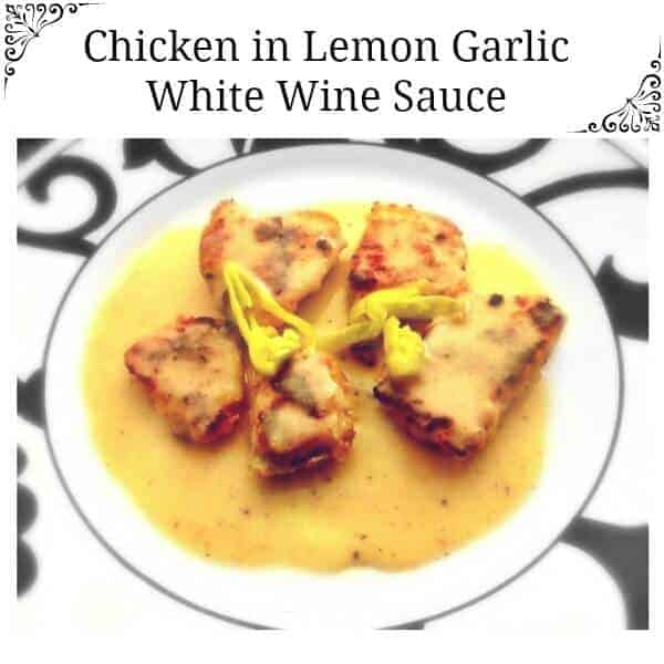 chicken with white wine in a whit-black plate