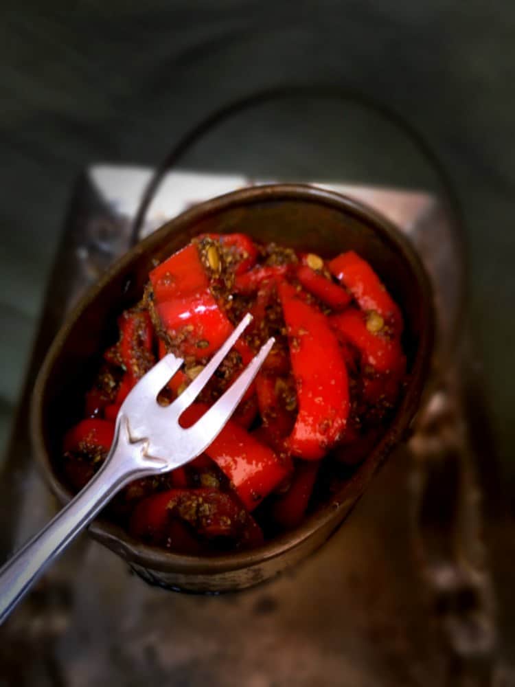 Instant Red Chili Pickle in a bowl with fork