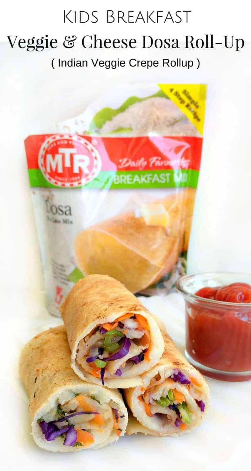 Kids Breakfast - Veggie & Cheese Dosa Roll-Ups (Indian Crepe Roll-Ups with Veggies & cheese) : #ad #mtr #dosa #kids #breakfast