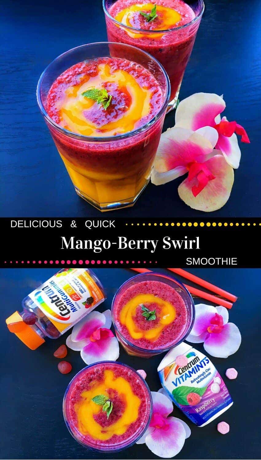 Delicious and Quick Mango Berry Swirl Smoothie: #ad #EssentialVitamins #smoothie #mango #cbias
