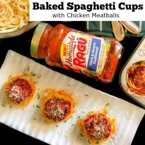 Baked Spaghetti Cups with Chicken Meatballs : #ad #ragu #spaghetti #cups #pasta #recipe