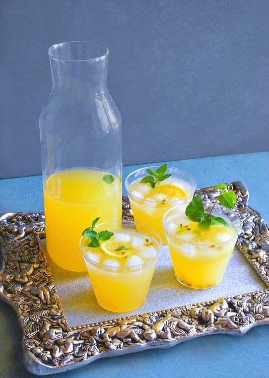 passionfruit mint sangria on an antique silver tray