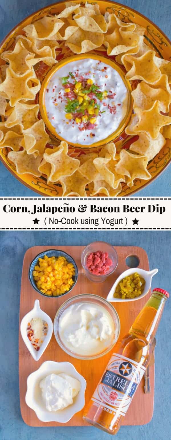 Corn, Jalapeno and Bacon Beer Dip: #corn #bacon #dip #yogurt #EstrellaJalisco #ad