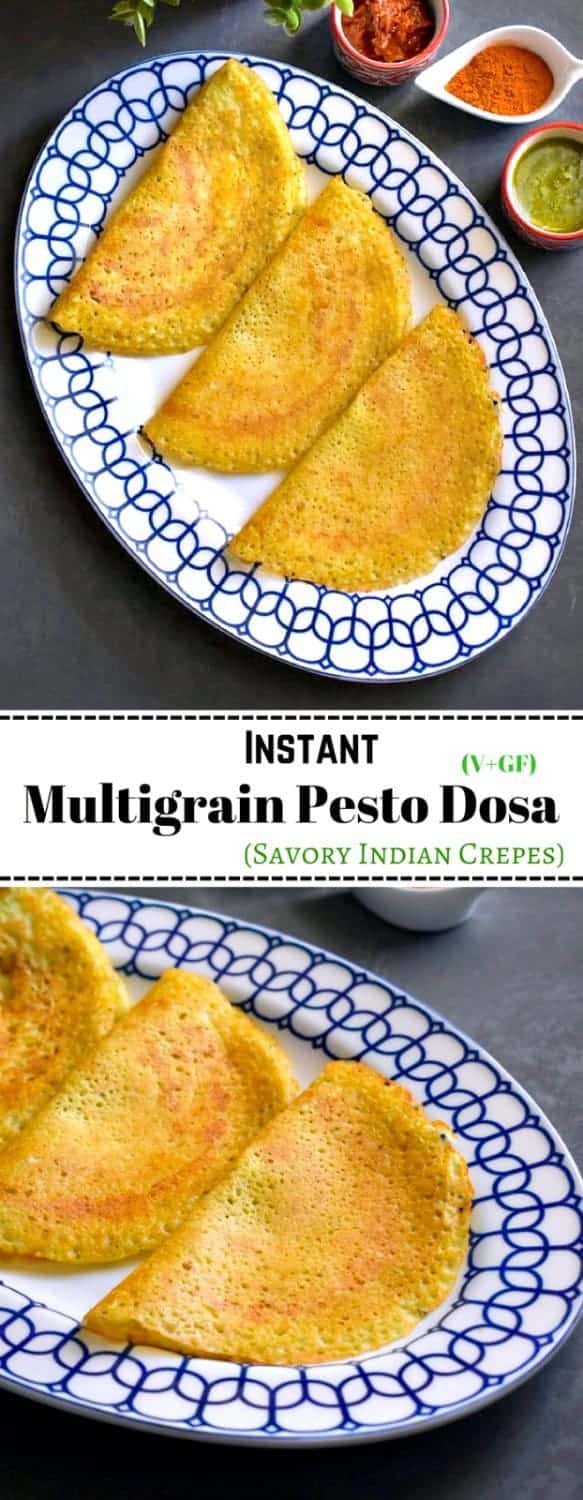 Instant Multigrain Pesto Dosa (Savory Indian Crepes): #dosa #multigrain #crepes #vegan