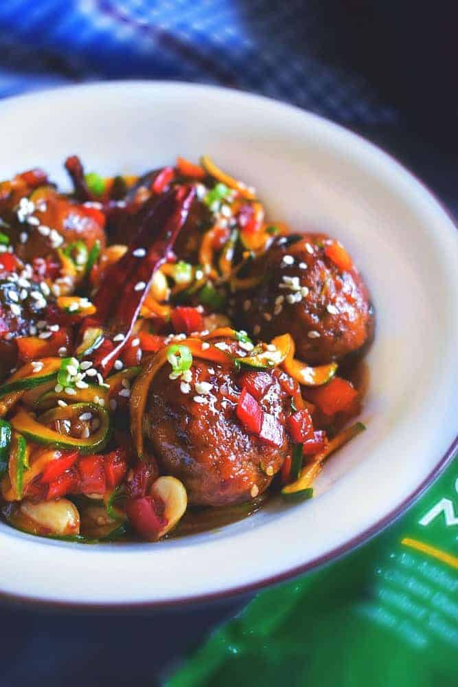 Kung Pao Chicken Meatballs with Zoodles