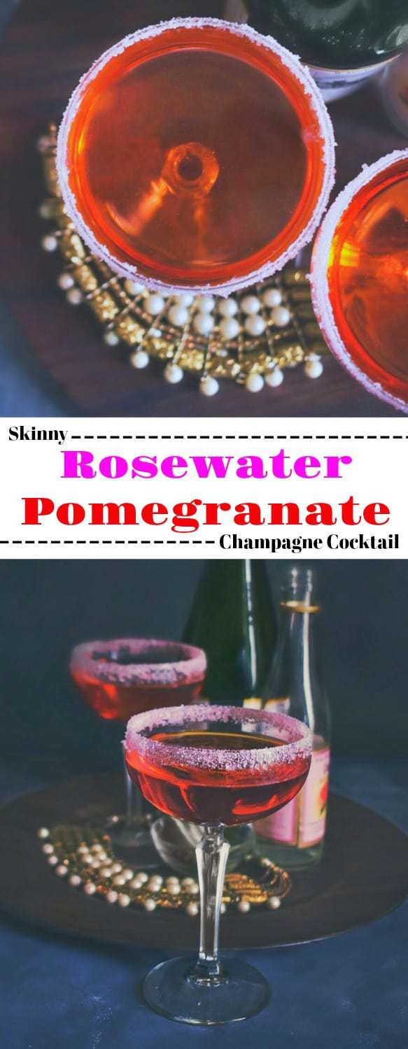 Skinny Rosewater Pomegranate Champagne Cocktail: Perfect for date night #cocktail #datenight #pomegranate #rosewater #champagne #cocktail #valentines