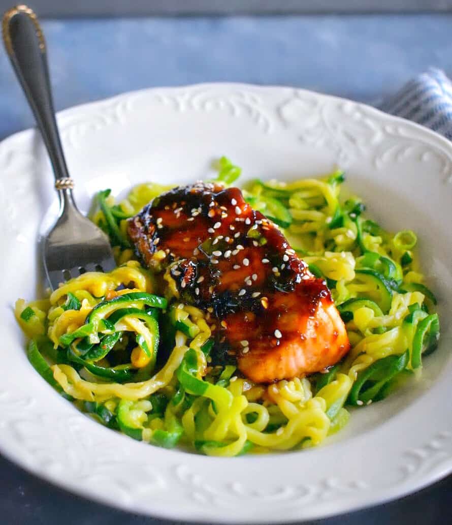 sweet spicy teriyaki salmon with zoodles