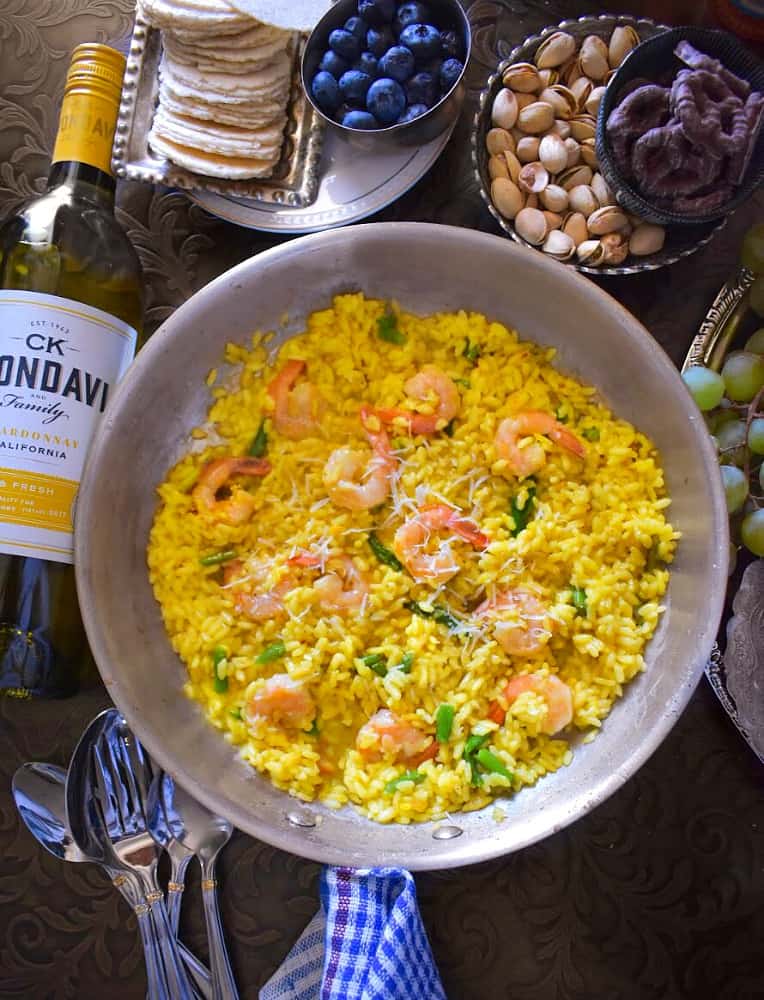 saffron shrimp risotto in a pan