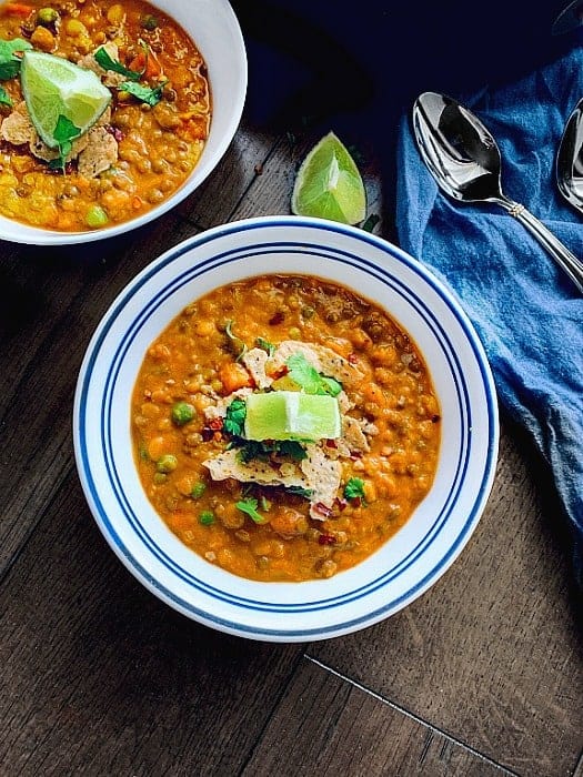 Slow Cooker Curried Lentil Quinoa Chili in a white bowl