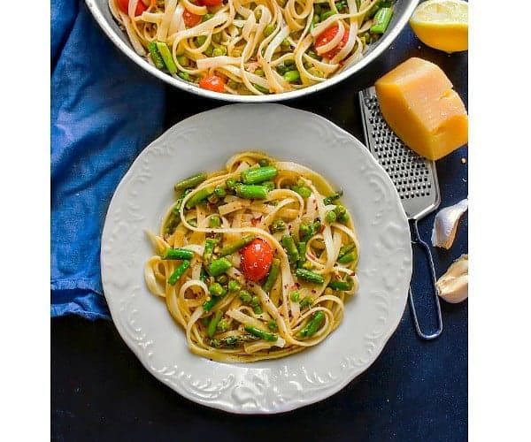 Lemon Asparagus Pasta with Peas in a pan using glutenfree pasta