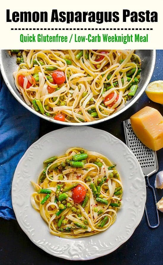 Lemon Asparagus Pasta with Peas: #pasta #fettuccine #glutenfree #chickpeas #italianfood #weeknightmeal #mealprep #lemonpasta