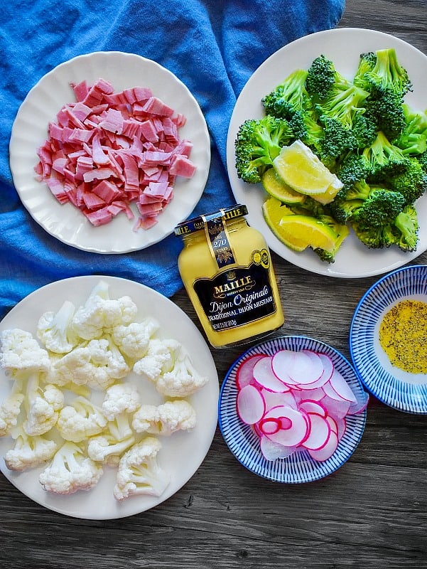 dijon roasted broccoli, cauliflower and bacon ingredients