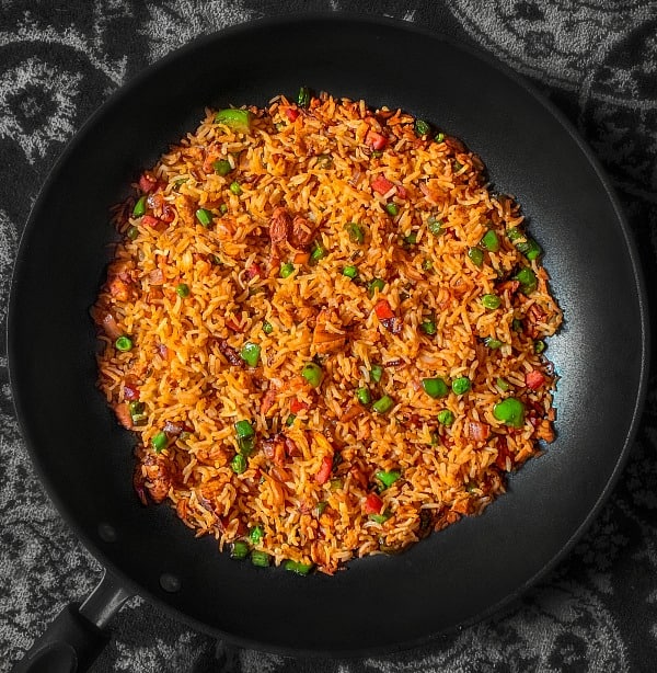 easy chicken fried rice in a wok pan