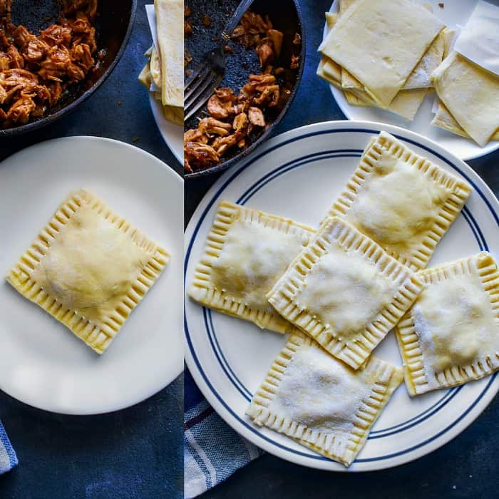 uncooked indian chicken puff pastry patty on a white plate