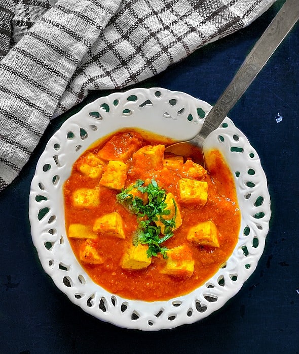 Indian Tofu Curry in a white bowl