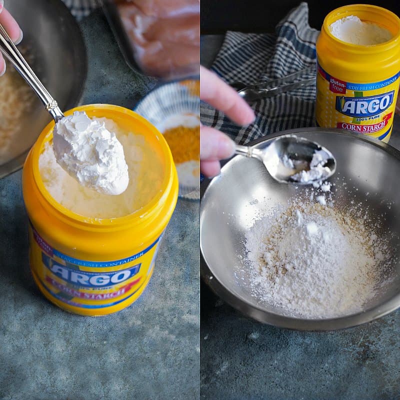 step 1 of crispy fried curry chicken process, adding corn starch to flour