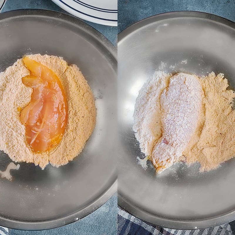 step 4 of crispy fried curry chicken process, coat the fish in flour