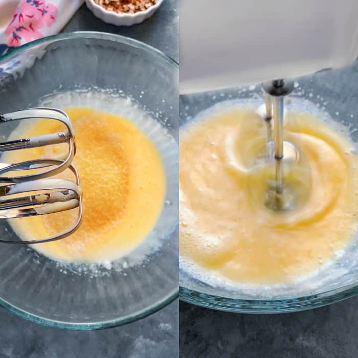  Adding sugar to the egg-oil mixture and whisking Process -3