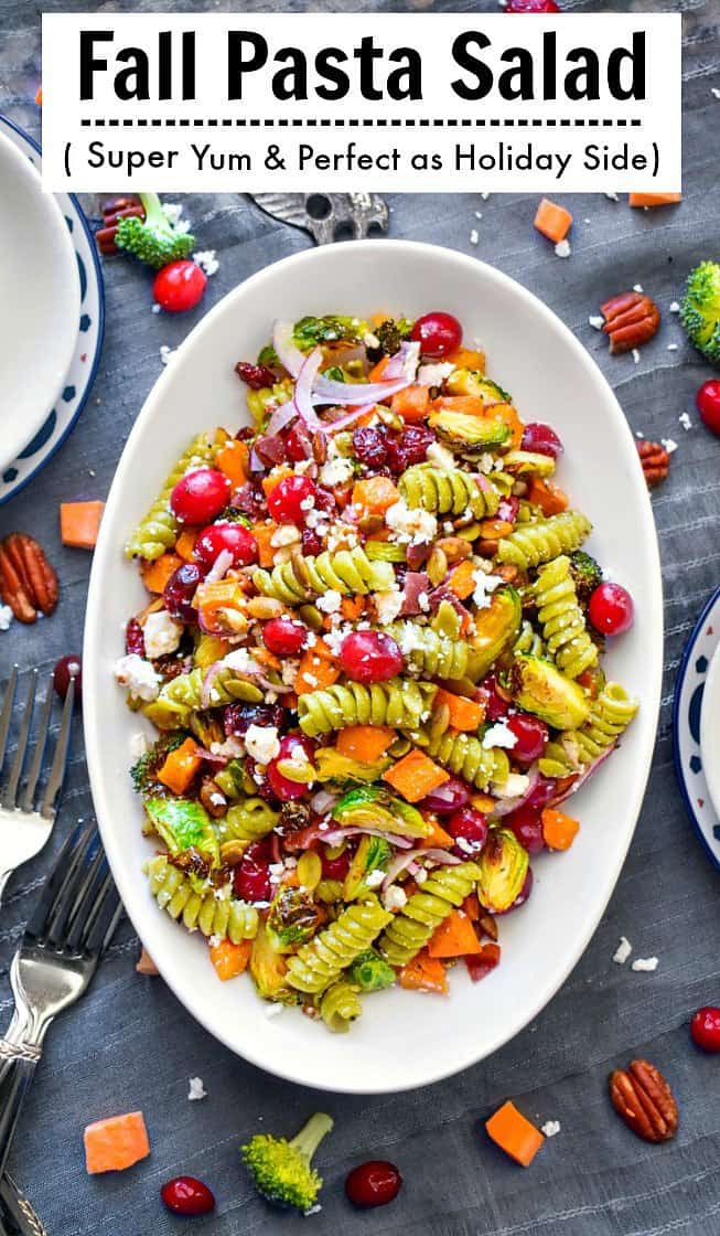 Easy Fall Pasta Salad using sweet potatoes brussels sprout cranberries bacon