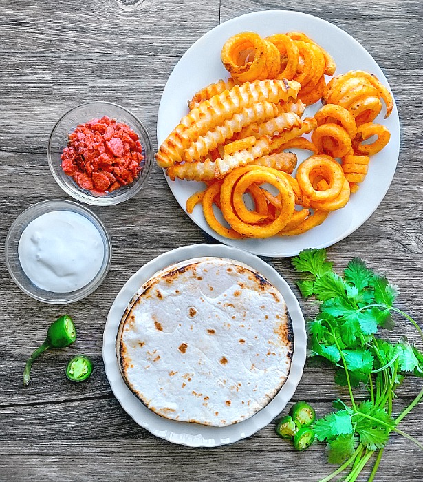 Potato Tacos Ingredients on a wooden table.