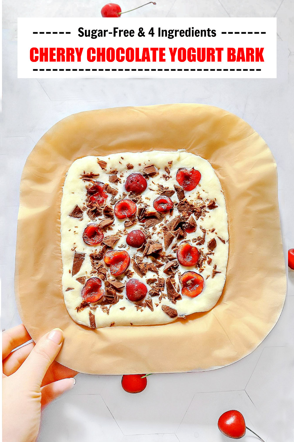 Sugar-Free Cherry Chocolate Yogurt Bark on a platter