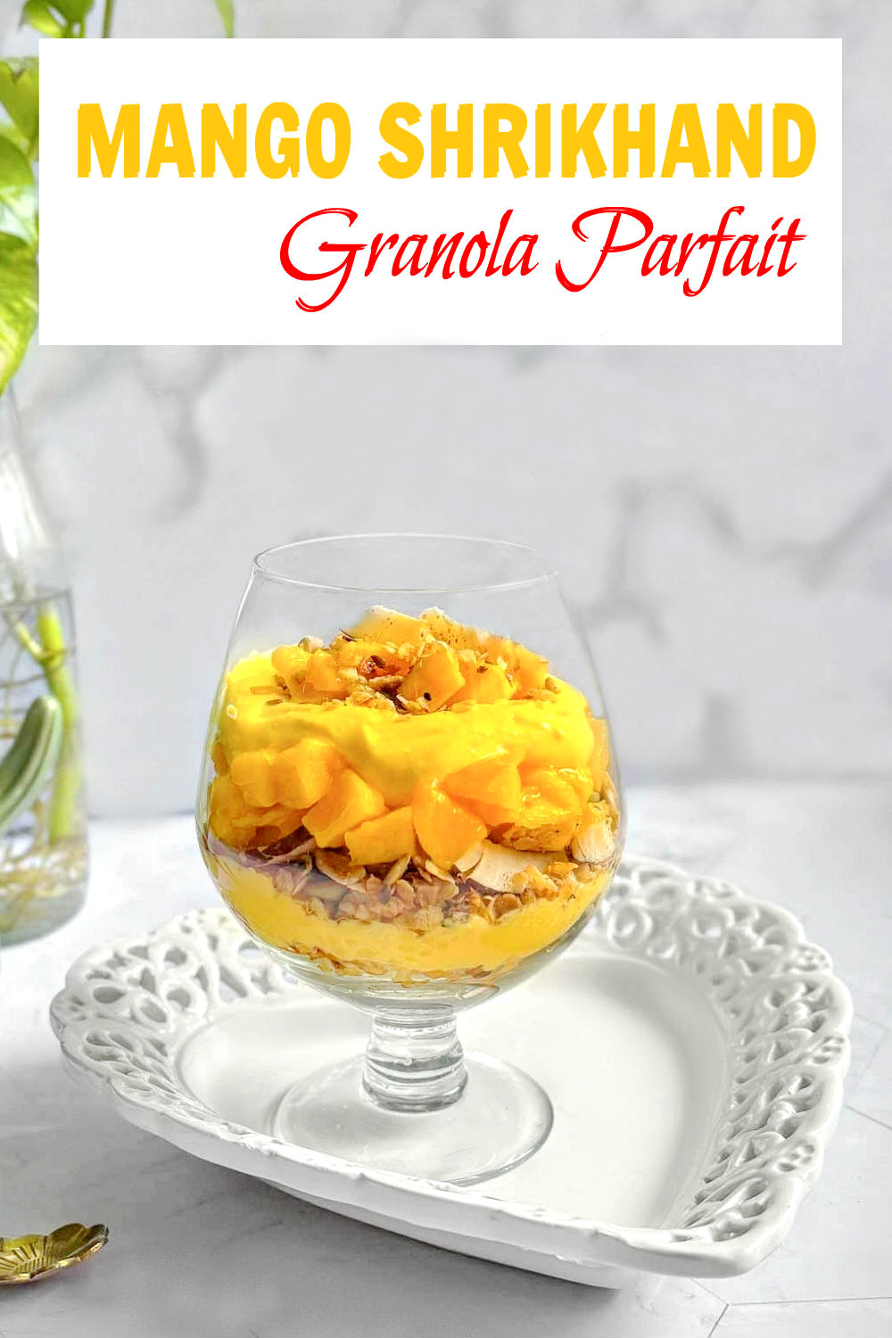 mango shrikhand granola parfait on a white platter