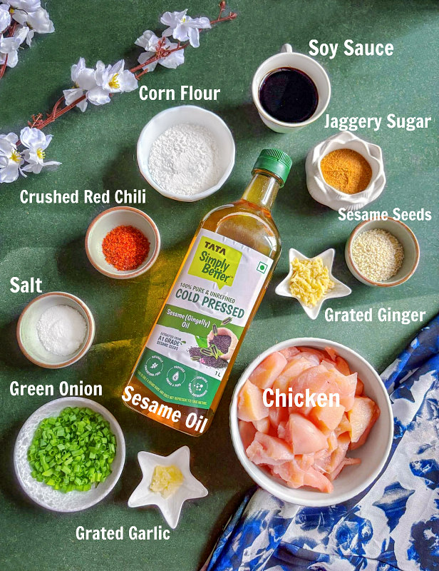 sticky ginger chicken recipe ingredients on a green table